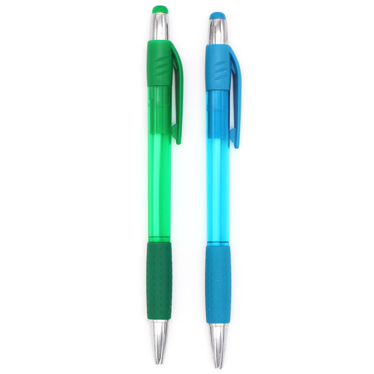 Best selling plastic ballpoint pen with plastic sleeve pen grip plastic push advertising pen